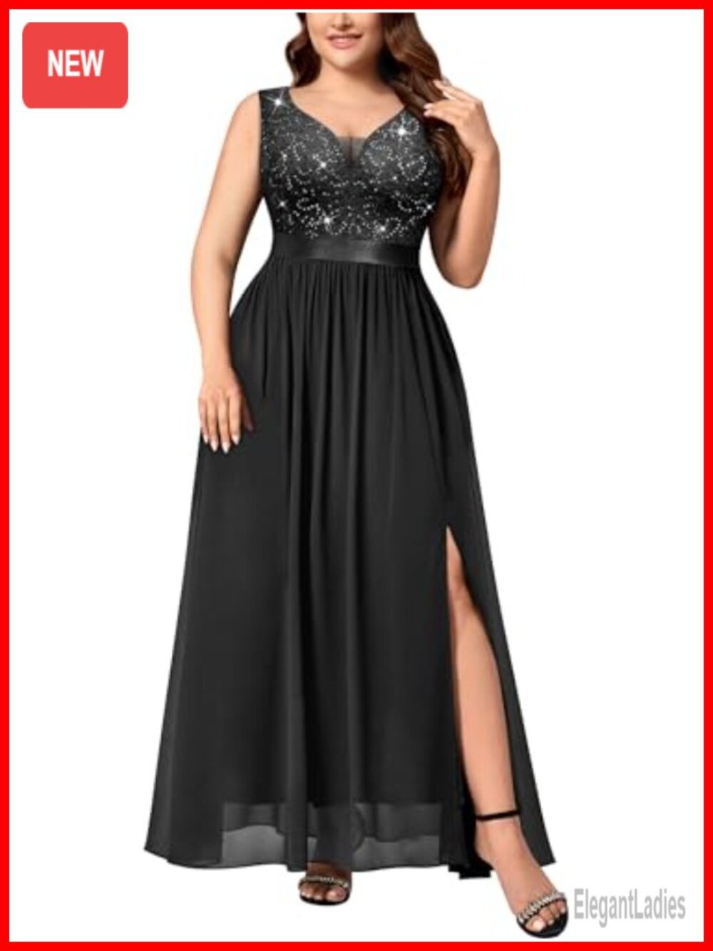 Plus Size Sequin Lace V-Neck Formal Prom Dress Side Slit Maxi Gown